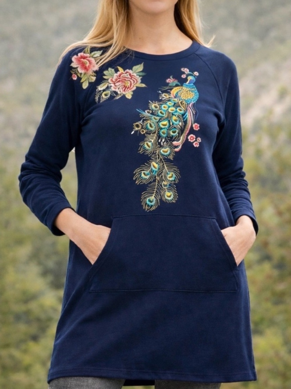 Driftwood Layla Peacock Embroidered Navy Blue Boho Tunic Sweatshirt Dress